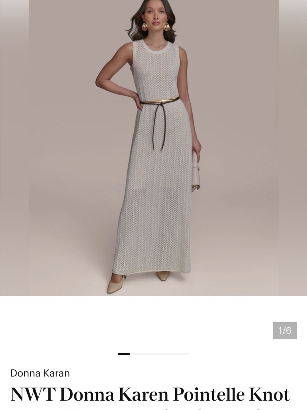 Donna Karan Cream Pointelle Knit Maxi Dress with Slim Belt